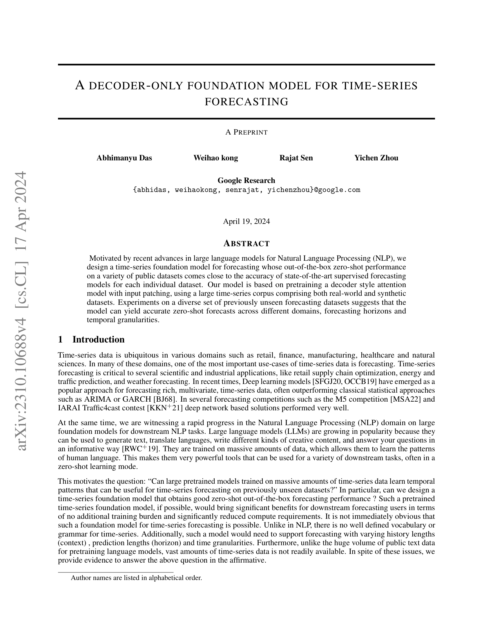 A Decoder-Only Foundation Model for Time-Series Forecasting