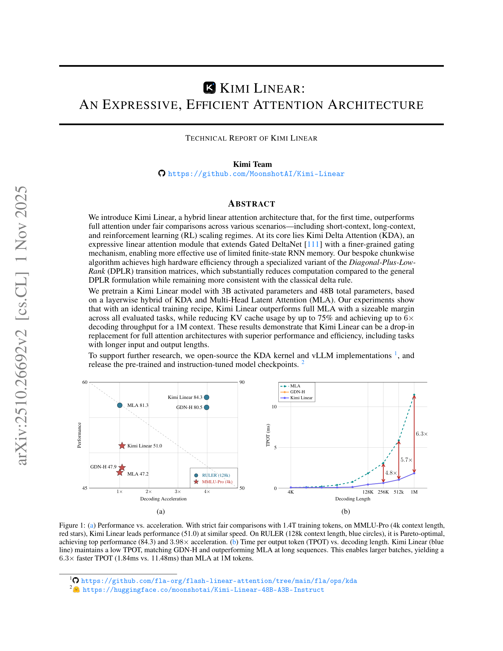 Kimi Linear: An Expressive, Efficient Attention Architecture