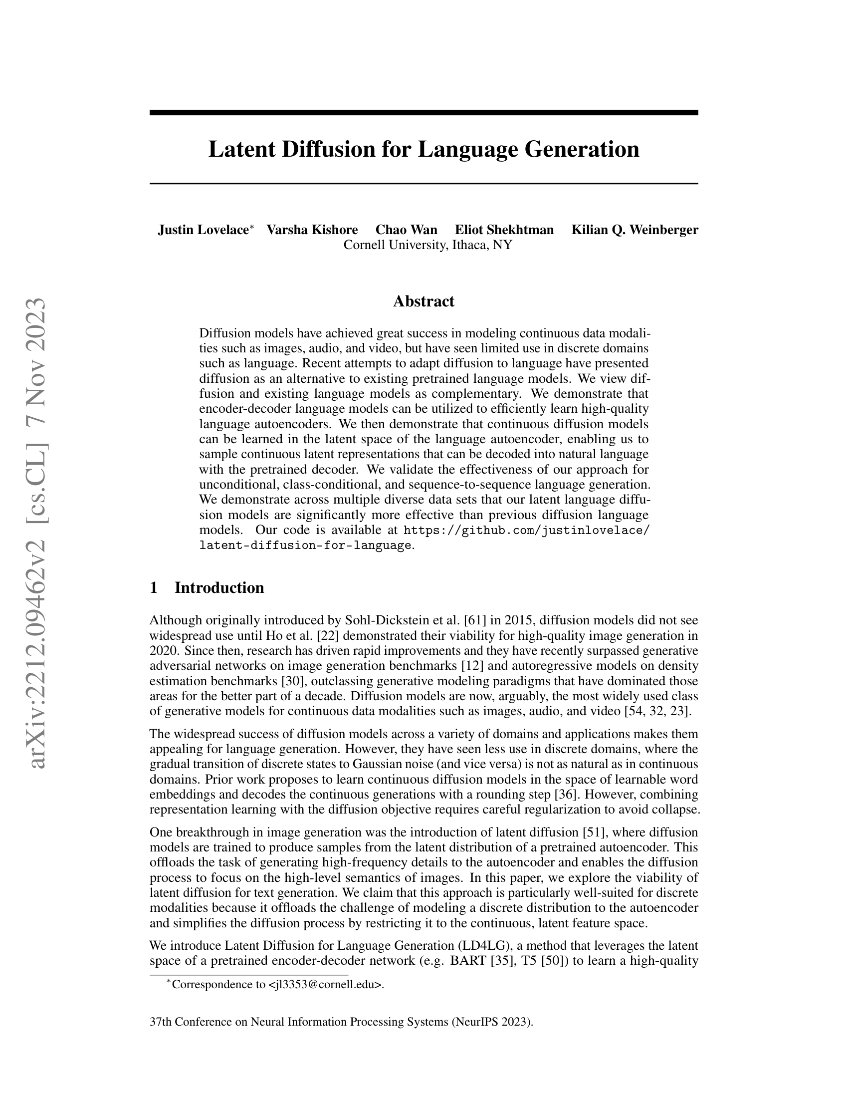 Latent Diffusion for Language Generation